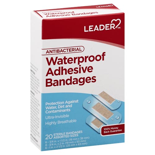 Image for Leader Adhesive Bandages, Antibacterial, Waterproof, Assorted Sizes,20ea from Highland Pharmacy